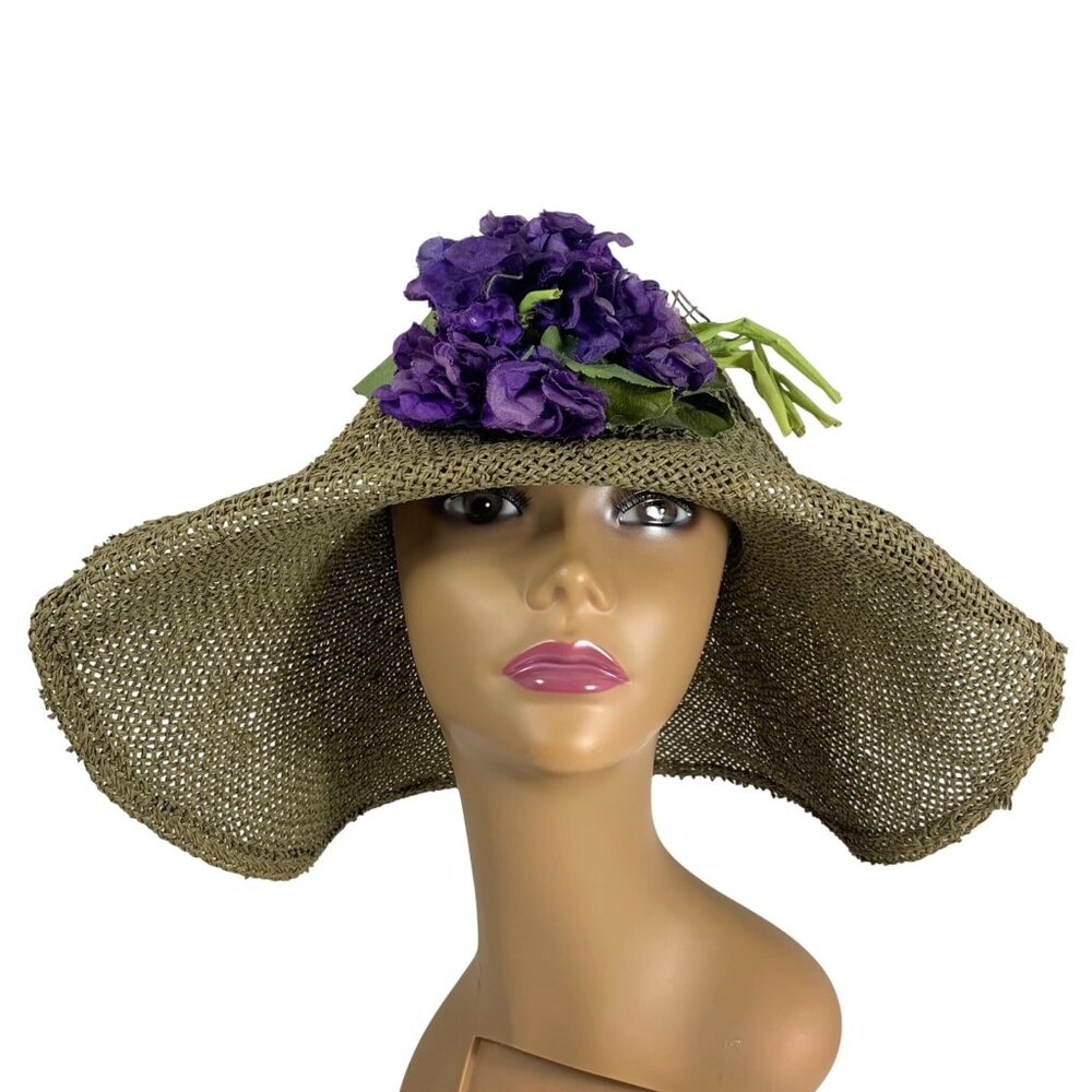 Wide Brim Natural Straw Hat Purple Dahlia Accent Womens Garden Party Summer Wear